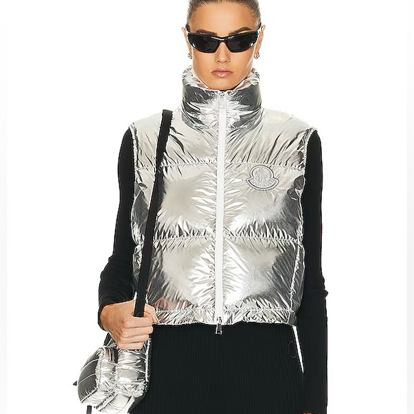 MONCLER NWT Blavet Silver Down Quilted Puffer Vest 3 L Metallic - Picture 4 of 16